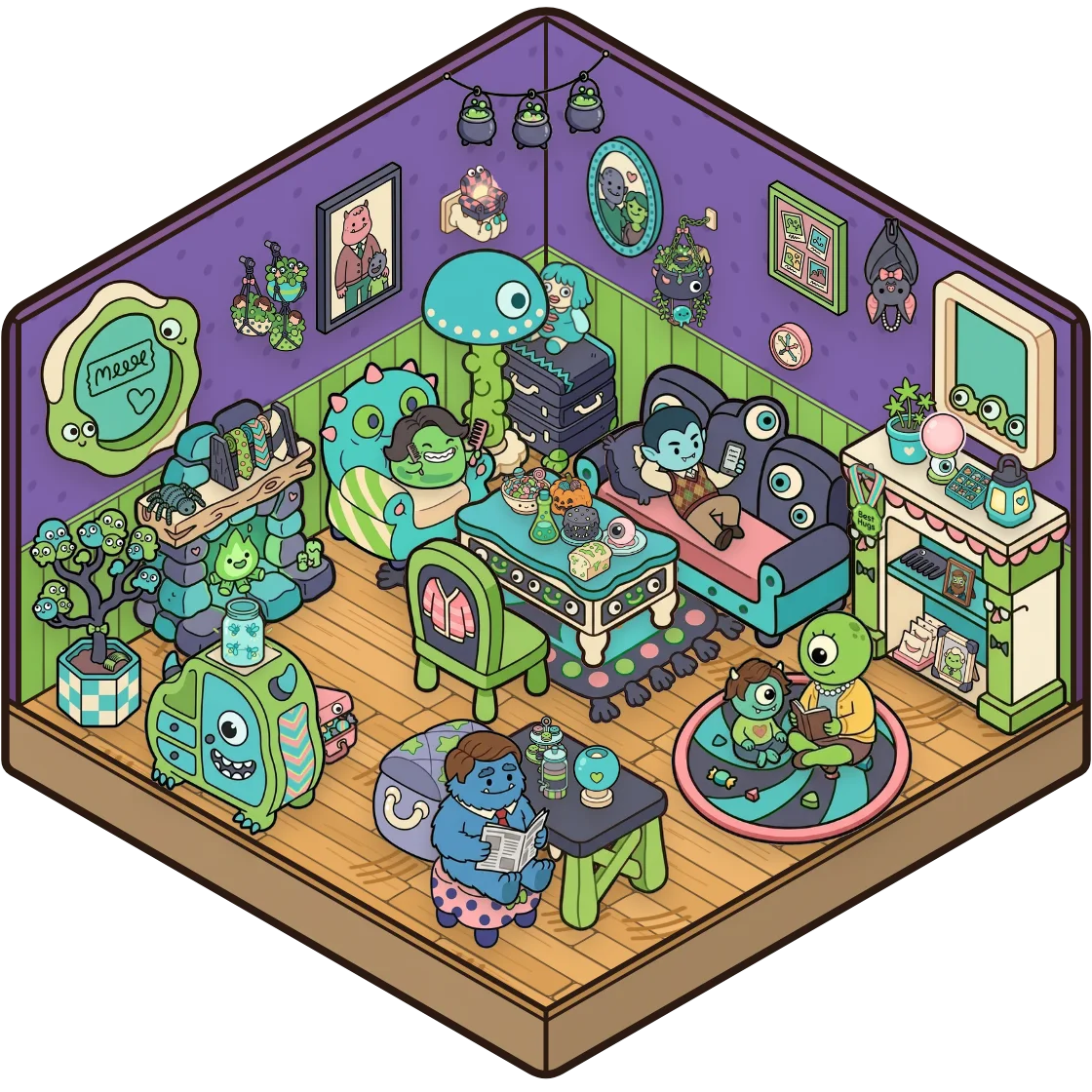 A Monster Family corner decorated by a player: 312 stickers