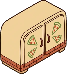 Dressers and low cabinets, a sticker from the The Pizzeria world