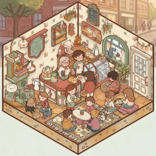 A Cat Café corner decorated by a player: 62 stickers