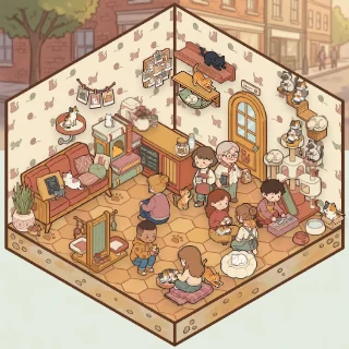 A Cat Café corner decorated by a player: 46 stickers