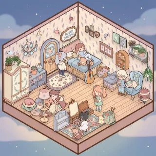 A Dreamy Pastel Bedroom corner decorated by a player: 53 stickers