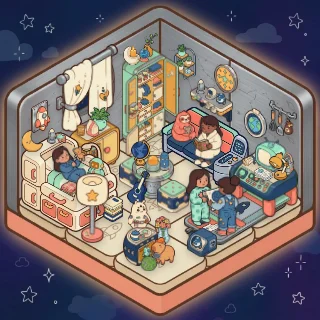 A Space Cabin corner decorated by a player: 60 stickers