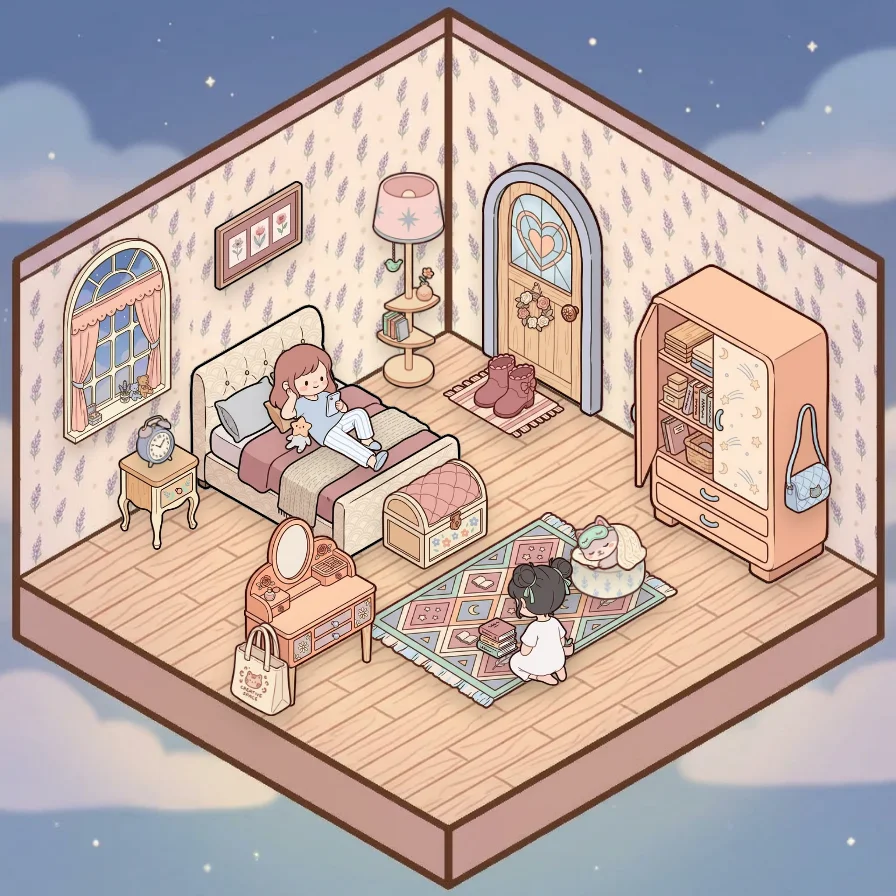 A Dreamy Pastel Bedroom corner decorated by a player: 18 stickers